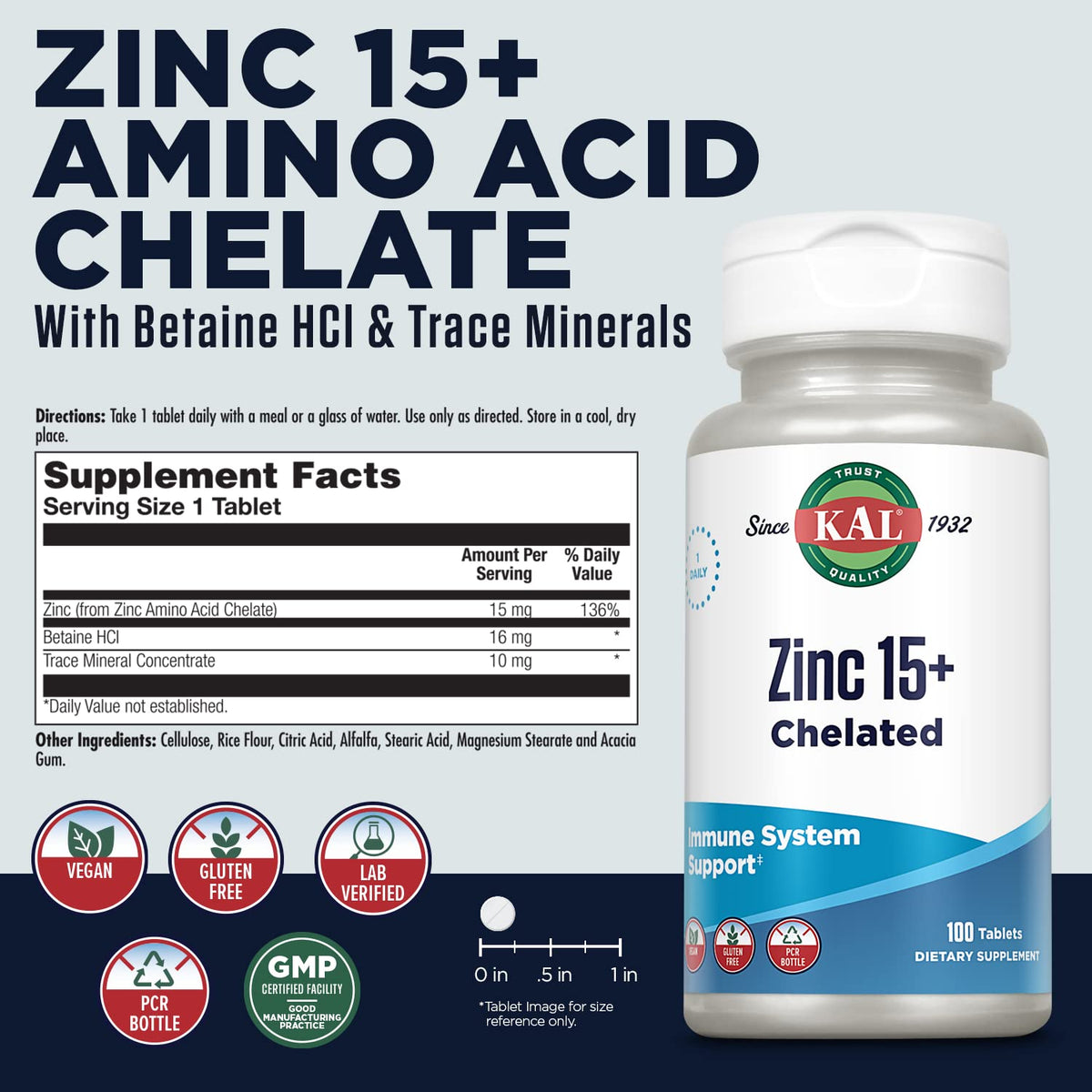 KAL Zinc 15mg Plus Betaine HCl side view with label