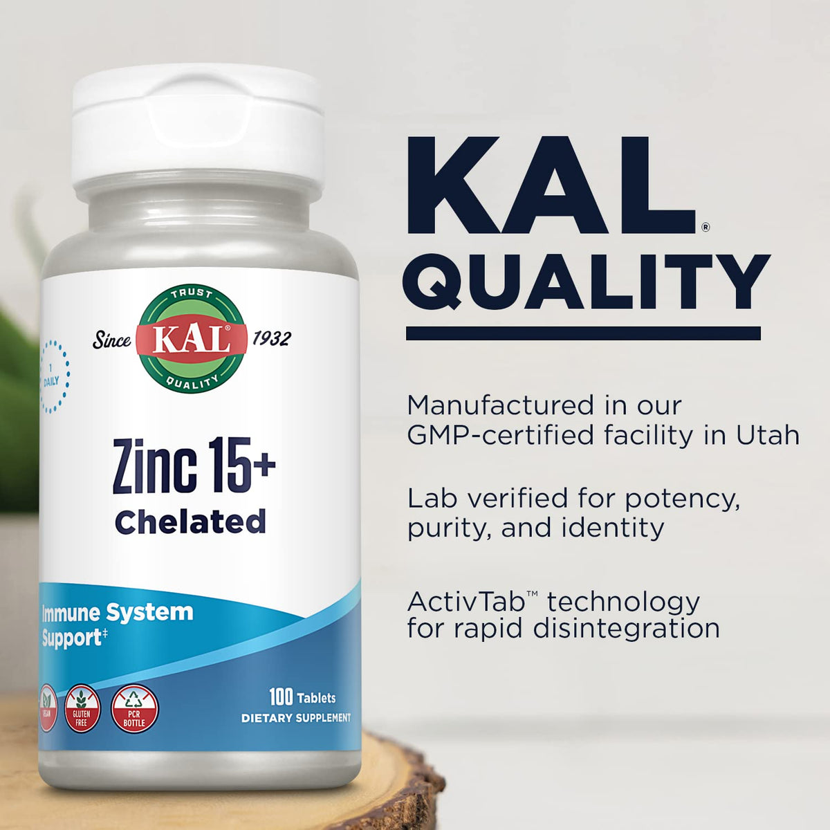 KAL Zinc 15mg Plus Betaine HCl tablets on a white background