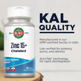 KAL Zinc 15mg Plus Betaine HCl tablets on a white background