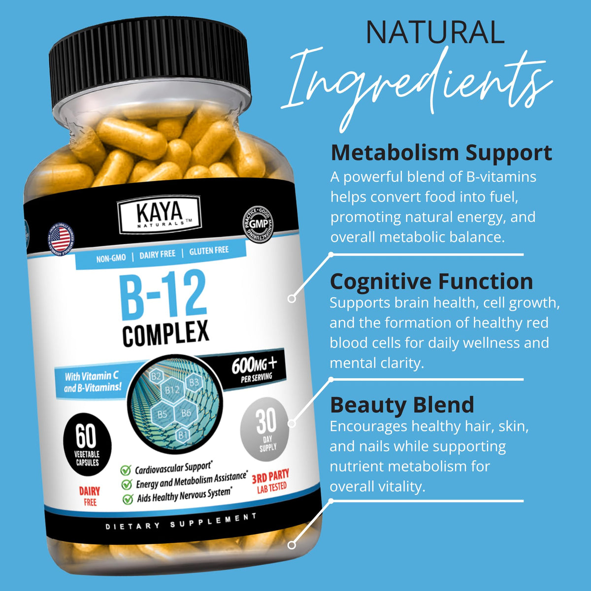 Kaya Naturals B-12 Complex Multivitamin bottle on a wooden table