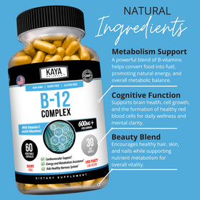 Kaya Naturals B-12 Complex Multivitamin bottle on a wooden table