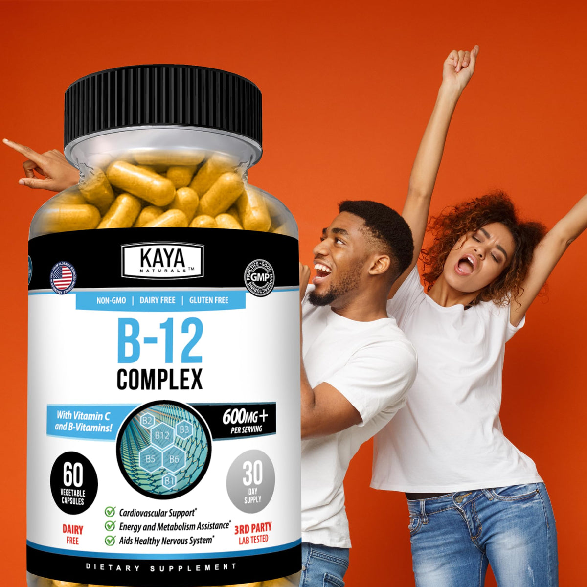 Kaya Naturals B-12 Complex Multivitamin bottle with measuring spoon