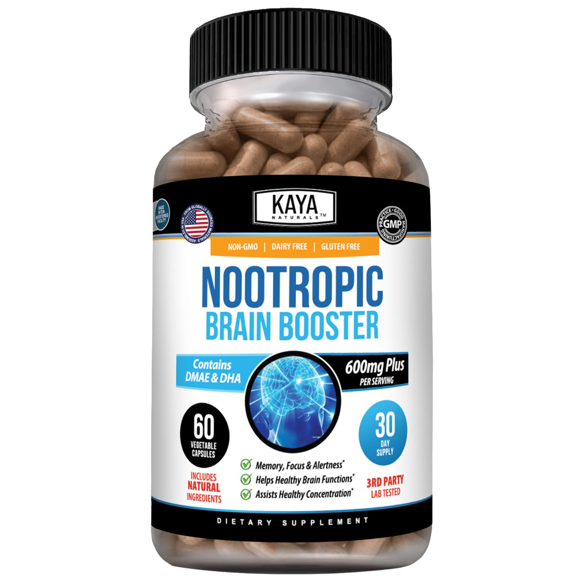 Kaya Naturals Nootropic Brain support 60 Count capsule bottle front view