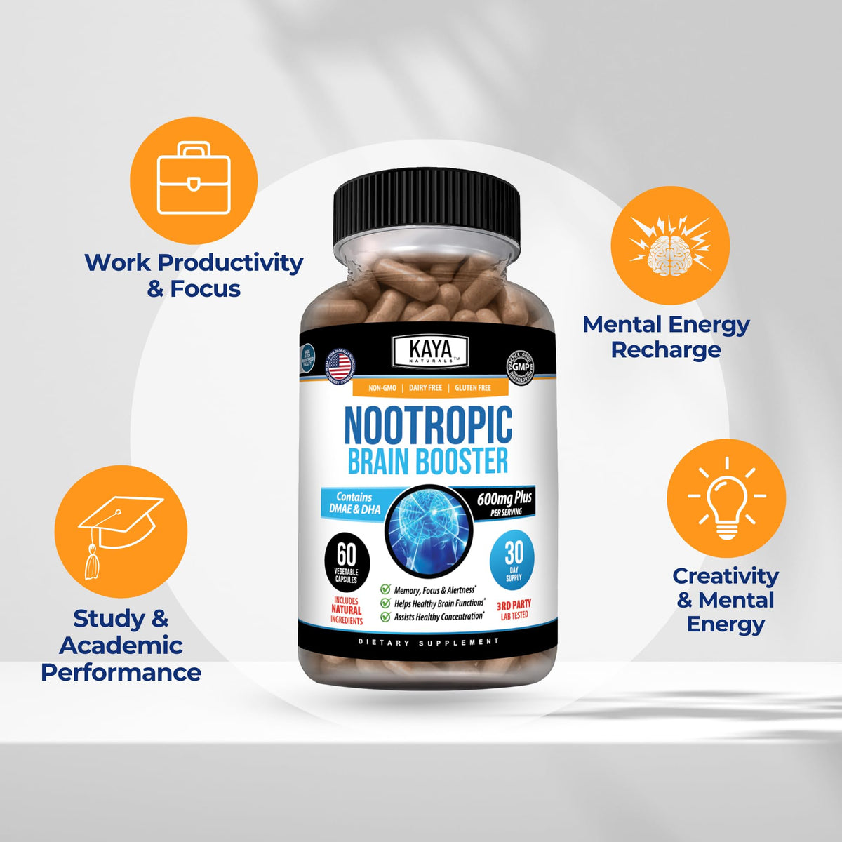 Kaya Naturals Nootropic Brain support bottle with capsules beside it
