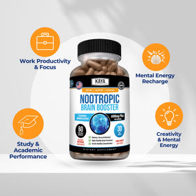 Kaya Naturals Nootropic Brain support bottle with capsules beside it
