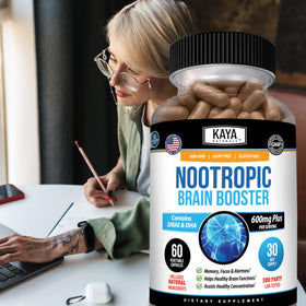 Kaya Naturals Nootropic Brain support capsule bottle on a desk