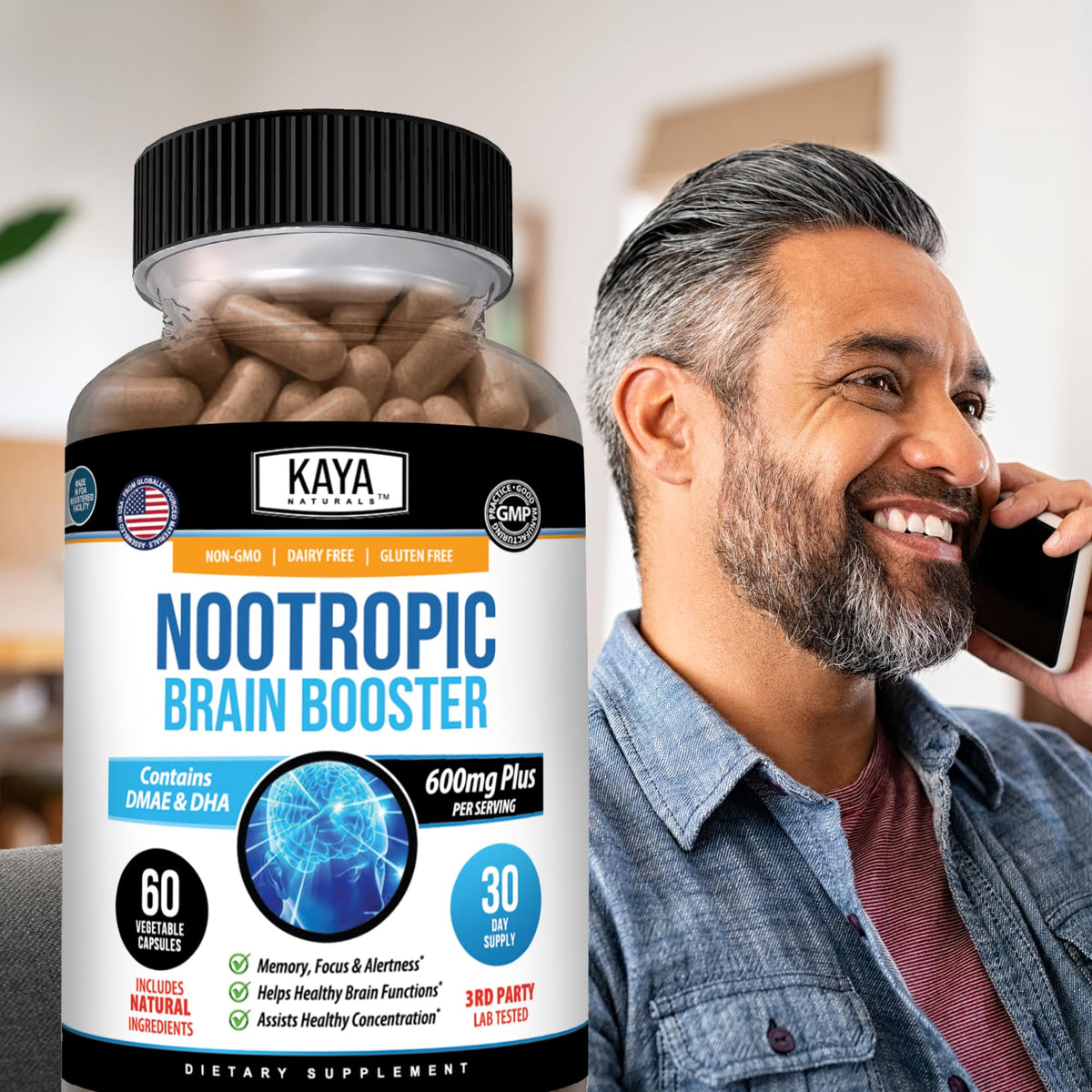Kaya Naturals Nootropic Brain support capsules in a hand