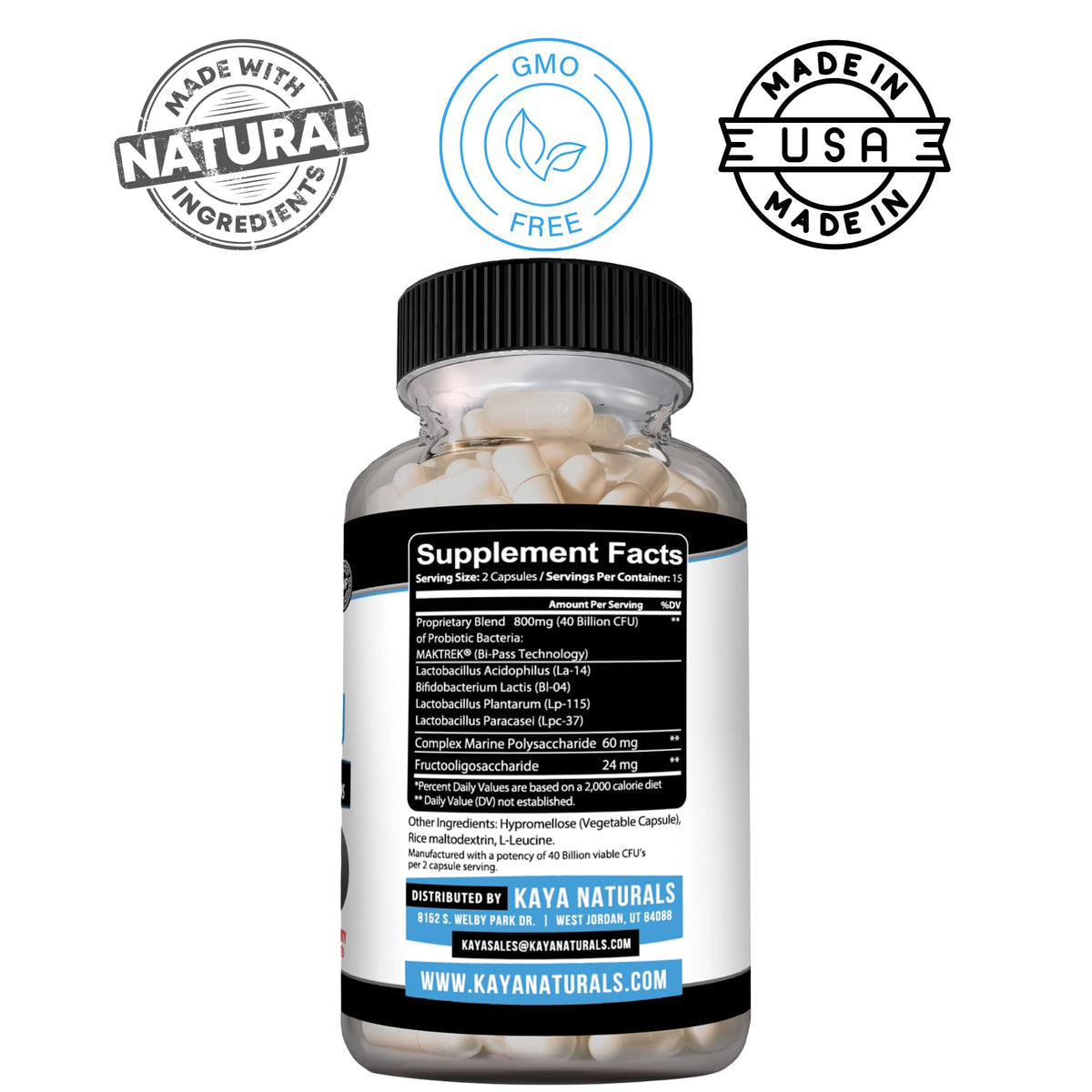 Kaya Naturals Probiotic 40 Billion CFU 30 Capsules back view
