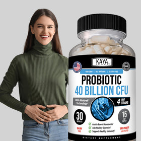 Kaya Naturals Probiotic 40 Billion CFU 30 Capsules on a wooden table