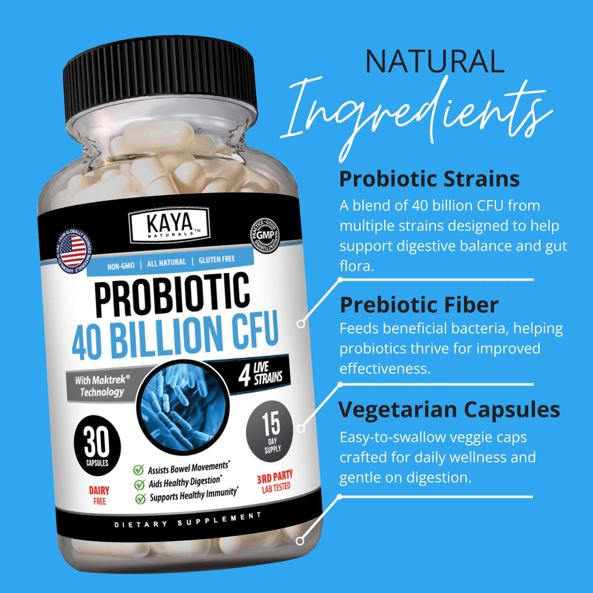 Kaya Naturals Probiotic 40 Billion CFU 30 Capsules opened with capsules visible