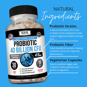 Kaya Naturals Probiotic 40 Billion CFU 30 Capsules opened with capsules visible