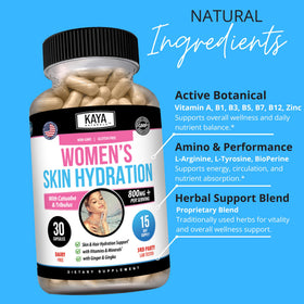 Kaya Naturals Women's Hydration & Wellness Support capsules on a wooden table