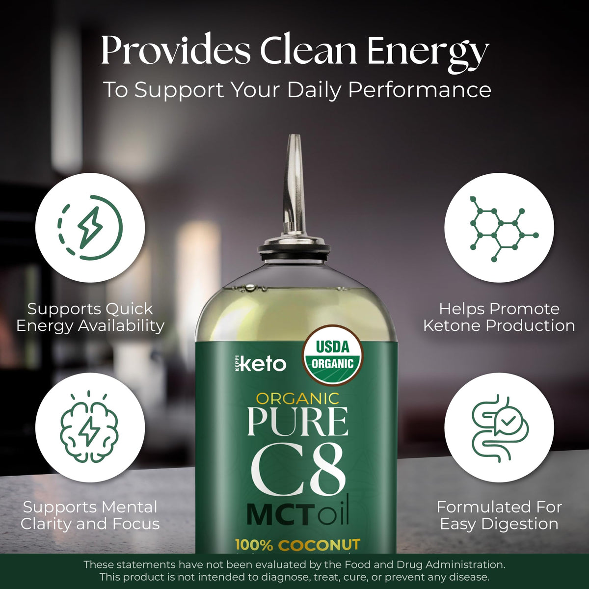 Keppi Organic MCT Oil 16 oz with coconut background
