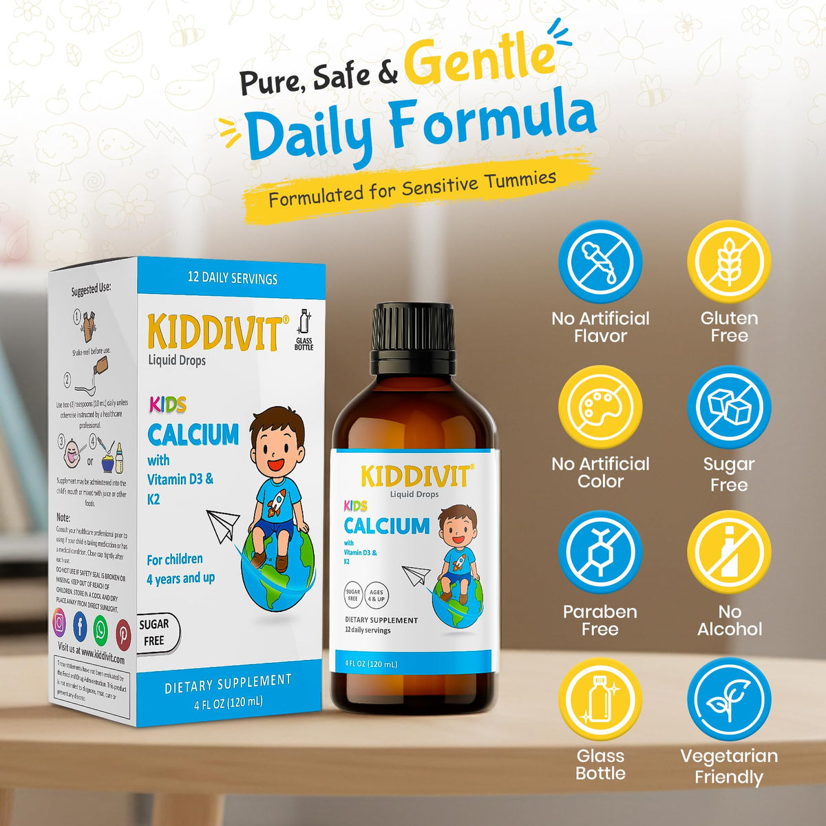 Kiddivit Calcium Kids Liquid Drops 120 mL side view