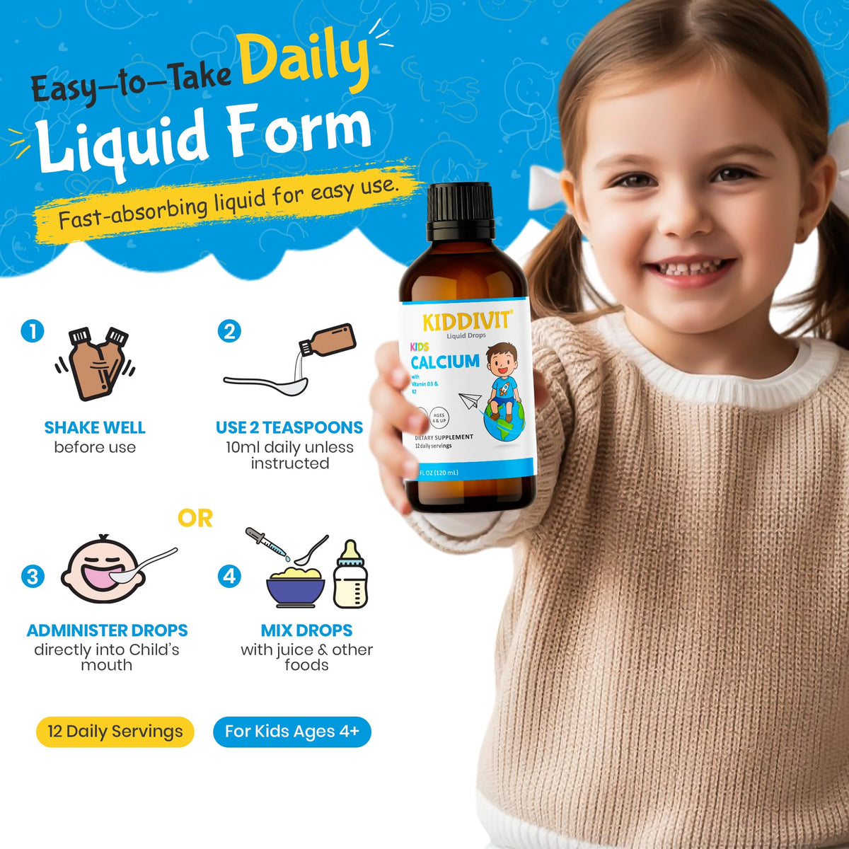 Kiddivit Calcium Kids Liquid Drops 120 mL with measuring dropper