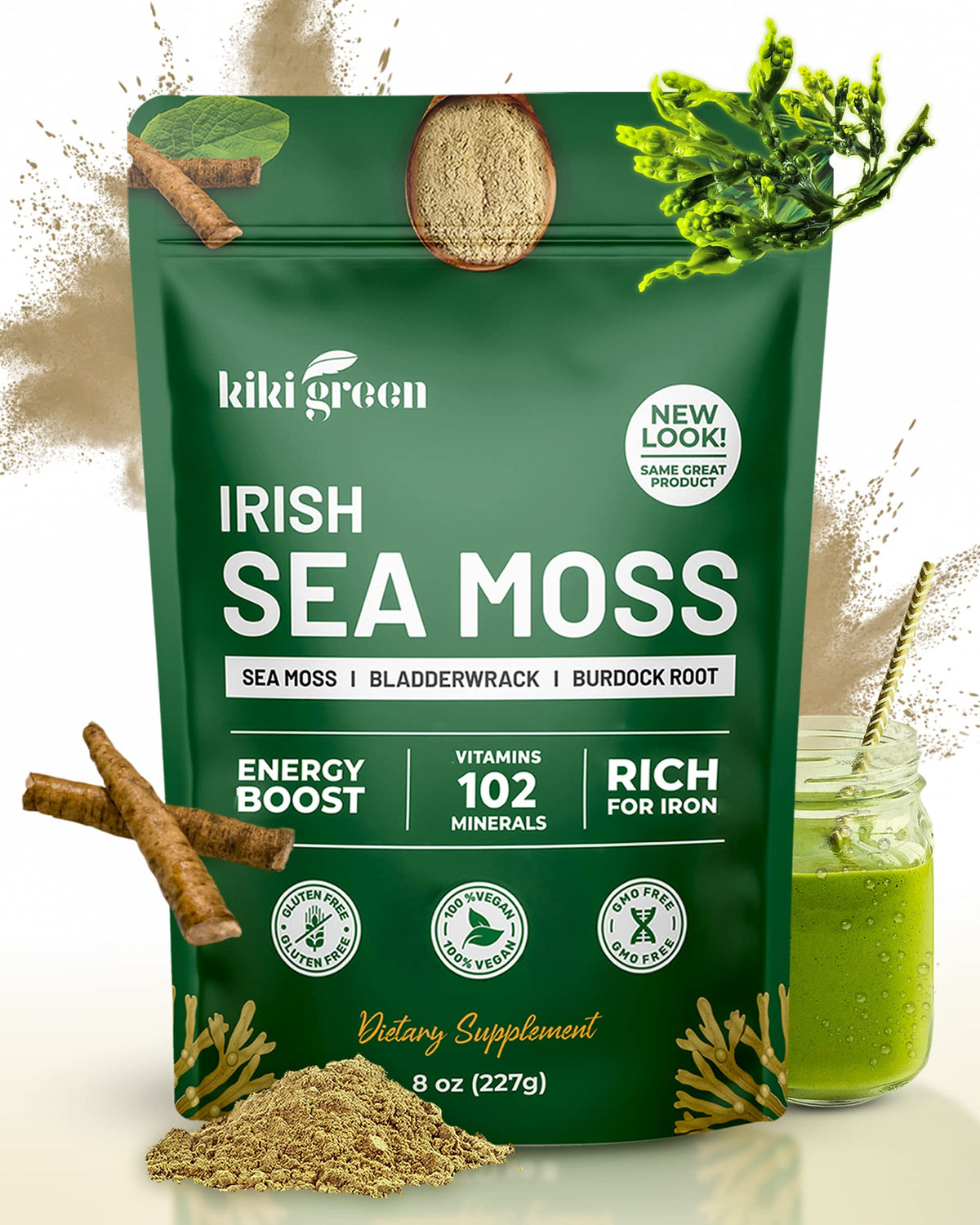 KIKI Green Irish Sea Moss Powder 8 Oz front view