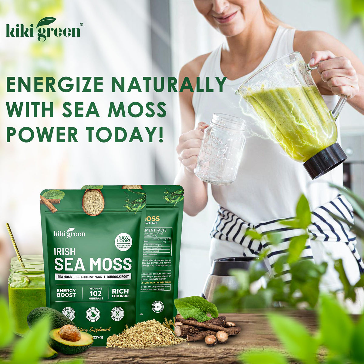 KIKI Green Irish Sea Moss Powder 8 Oz lifestyle scene