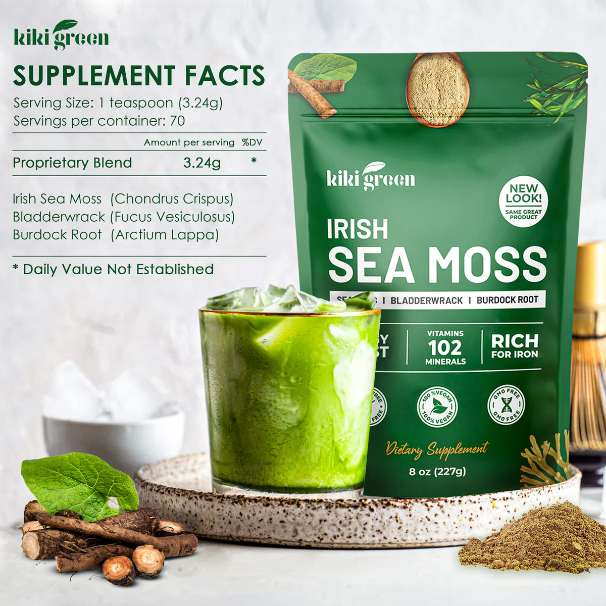 KIKI Green Irish Sea Moss Powder 8 Oz packaging