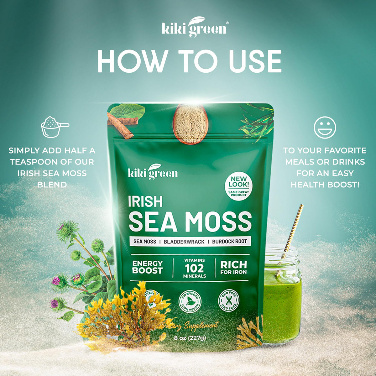 KIKI Green Irish Sea Moss Powder 8 Oz scoop