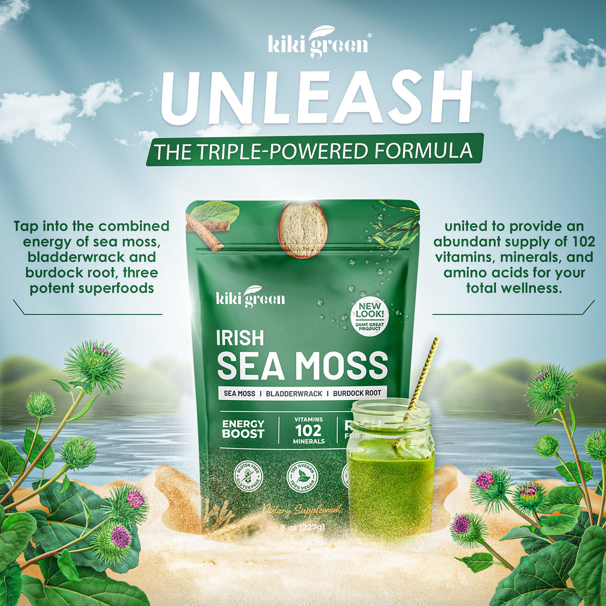 KIKI Green Irish Sea Moss Powder 8 Oz side view