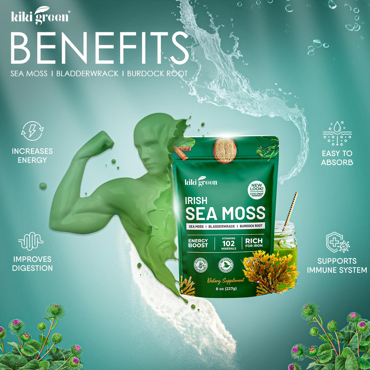 KIKI Green Irish Sea Moss Powder 8 Oz with ingredients