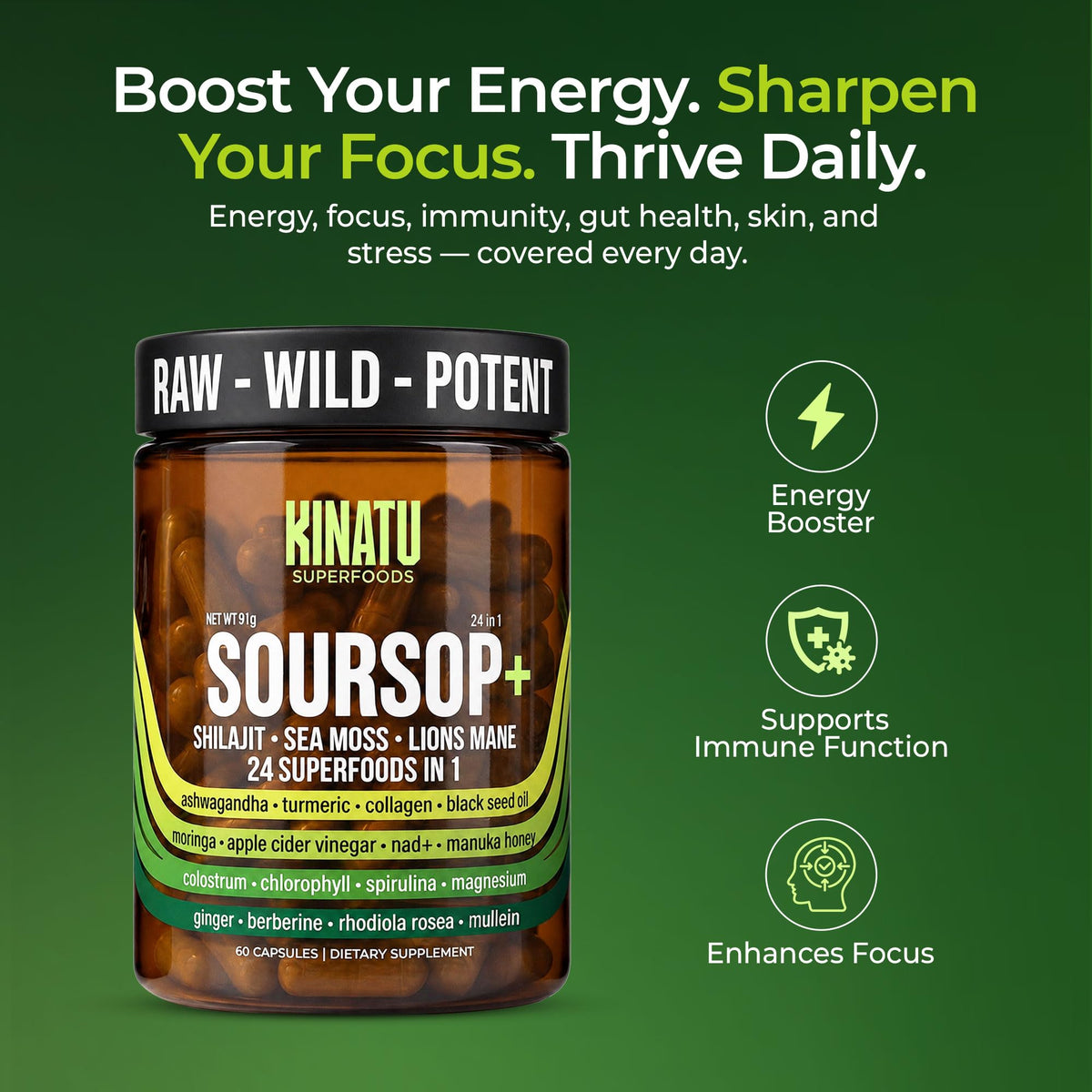 KINATU SUPERFOODS Soursop 24-in-1 Superfood bottle with a meal