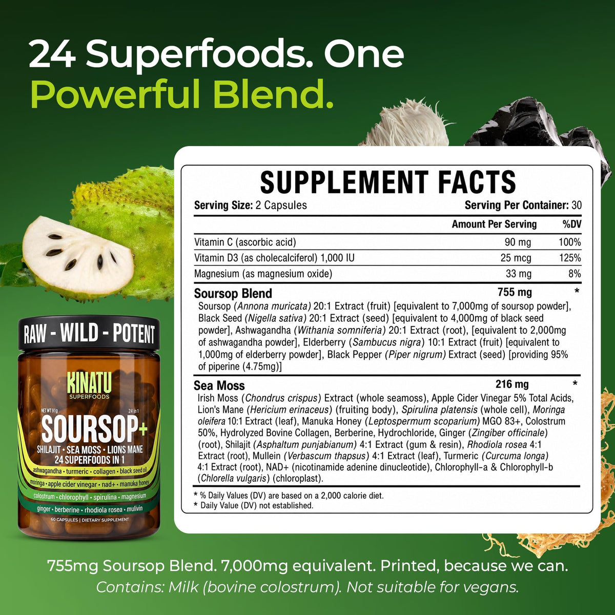 KINATU SUPERFOODS Soursop 24-in-1 Superfood capsules on a wooden table