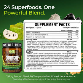 KINATU SUPERFOODS Soursop 24-in-1 Superfood capsules on a wooden table