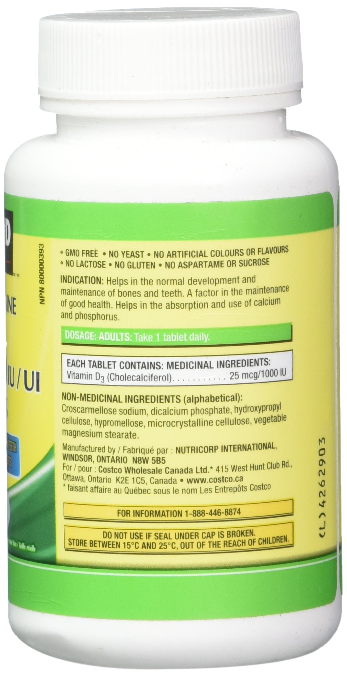 KIRKLAND Vitamin D3 1000 IU tablets showing dosage information