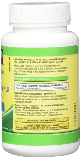 KIRKLAND Vitamin D3 1000 IU tablets showing dosage information
