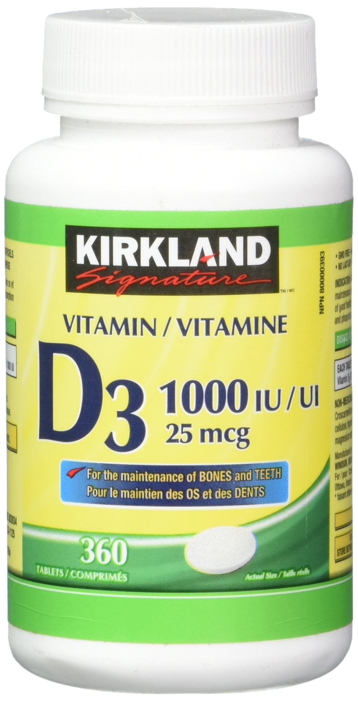 KIRKLAND Vitamin D3 1000 IU unflavored tablets front view