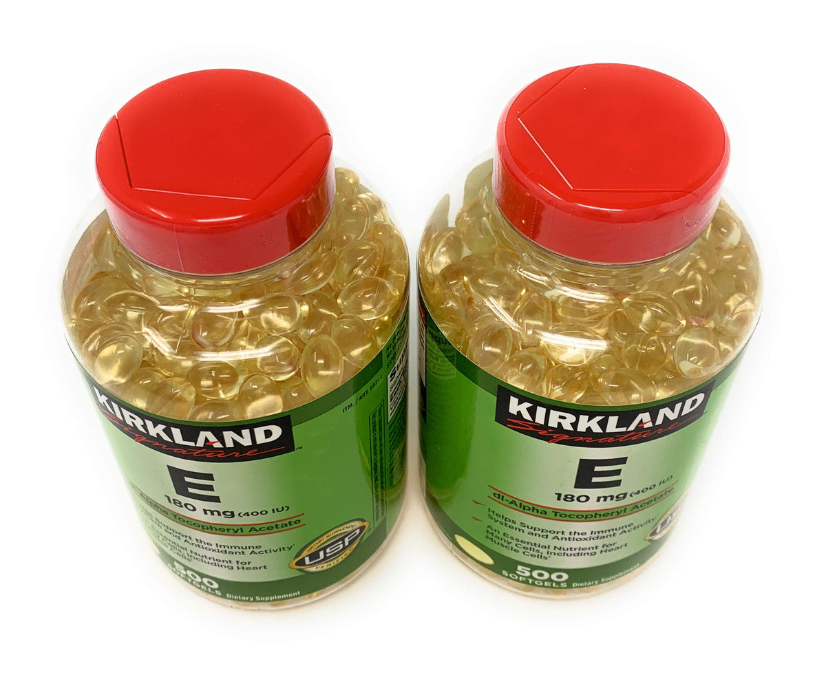 KIRKLAND Vitamin E 400 IU Softgels side view of packaging