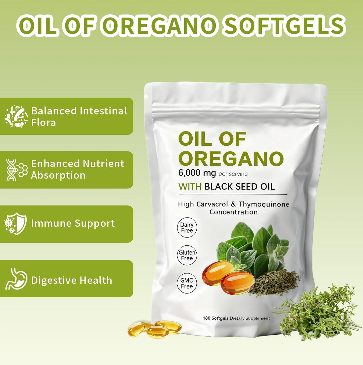 KITABIO Oregano Oil Softgels displayed with a measuring spoon