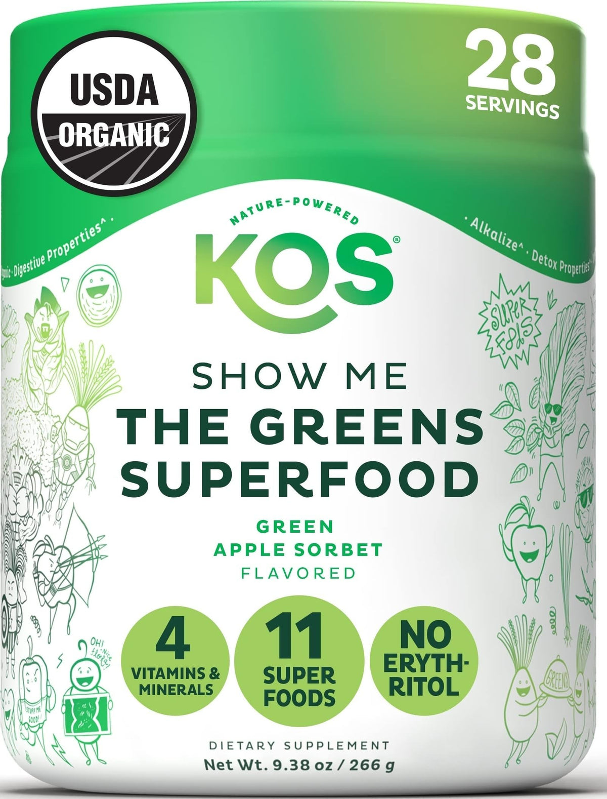 KOS Organic Super Greens Powder Green Apple 340g front view