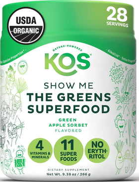 KOS Organic Super Greens Powder Green Apple 340g front view