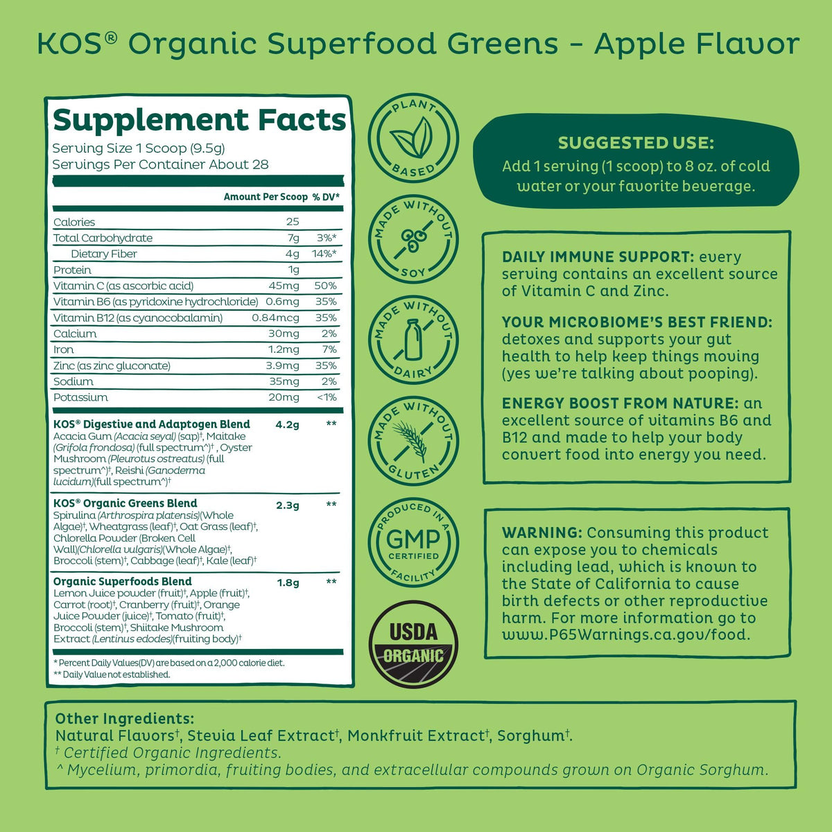 KOS Organic Super Greens Powder Green Apple scoop and powder