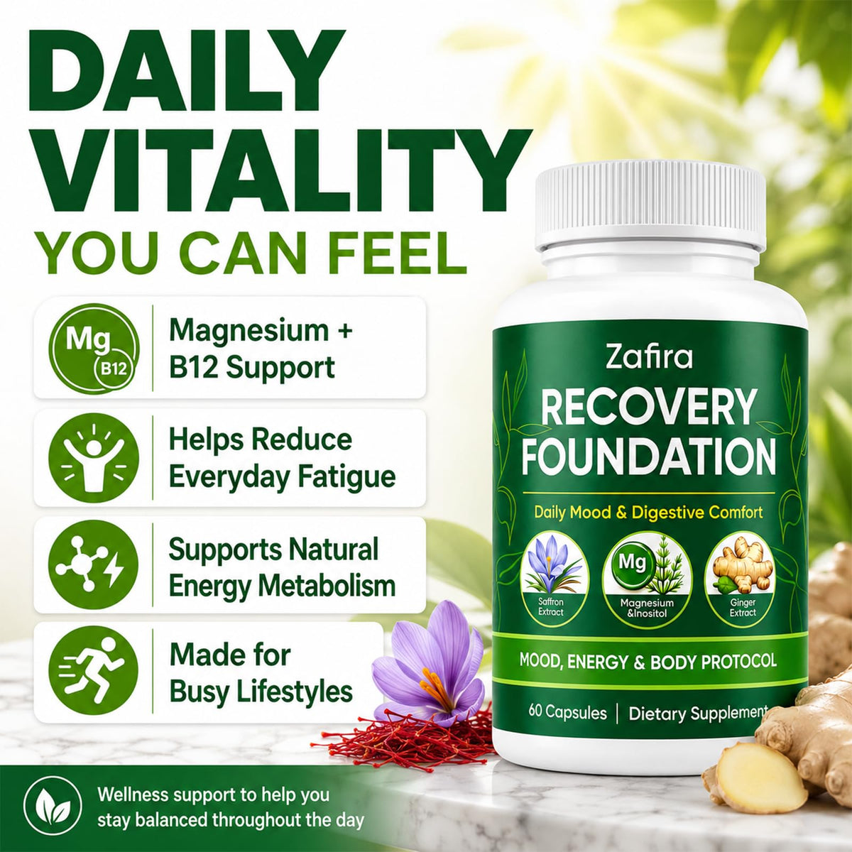 KWEZTY Zafira Organics Saffron Supplements bottle with capsules