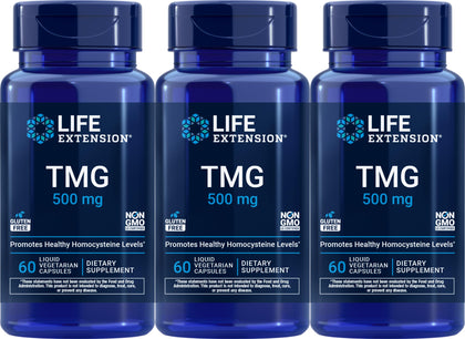 Life Extension TMG Liquid Capsules front view, pack of 3 bottles