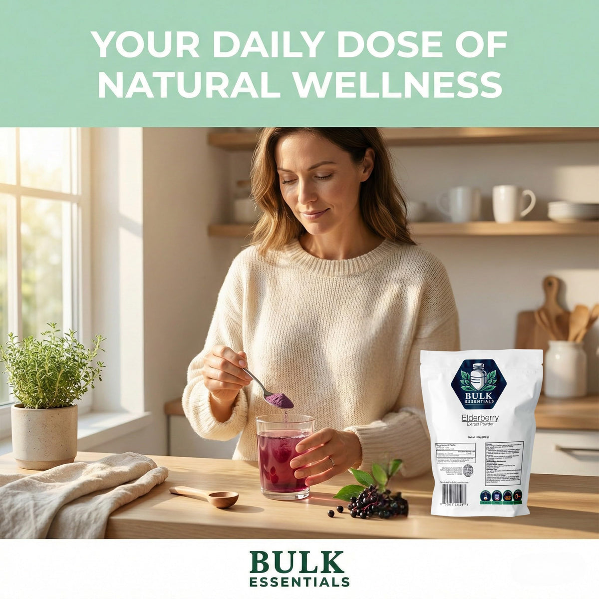 Lifestyle scene with Bulk Essentials Elderberry Extract Powder