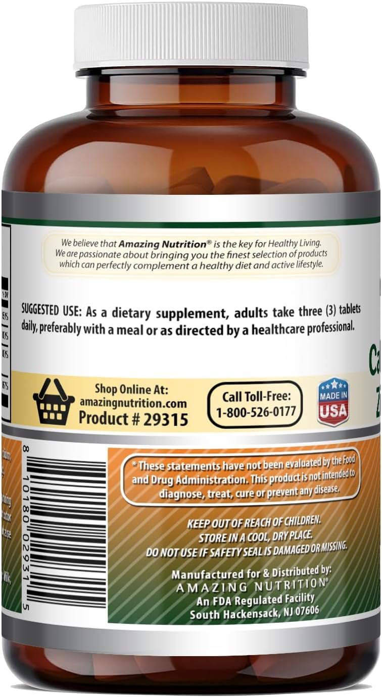Lifestyle shot of Amazing Nutrition Calcium Magnesium Zinc 300 Tablets with a glass of water