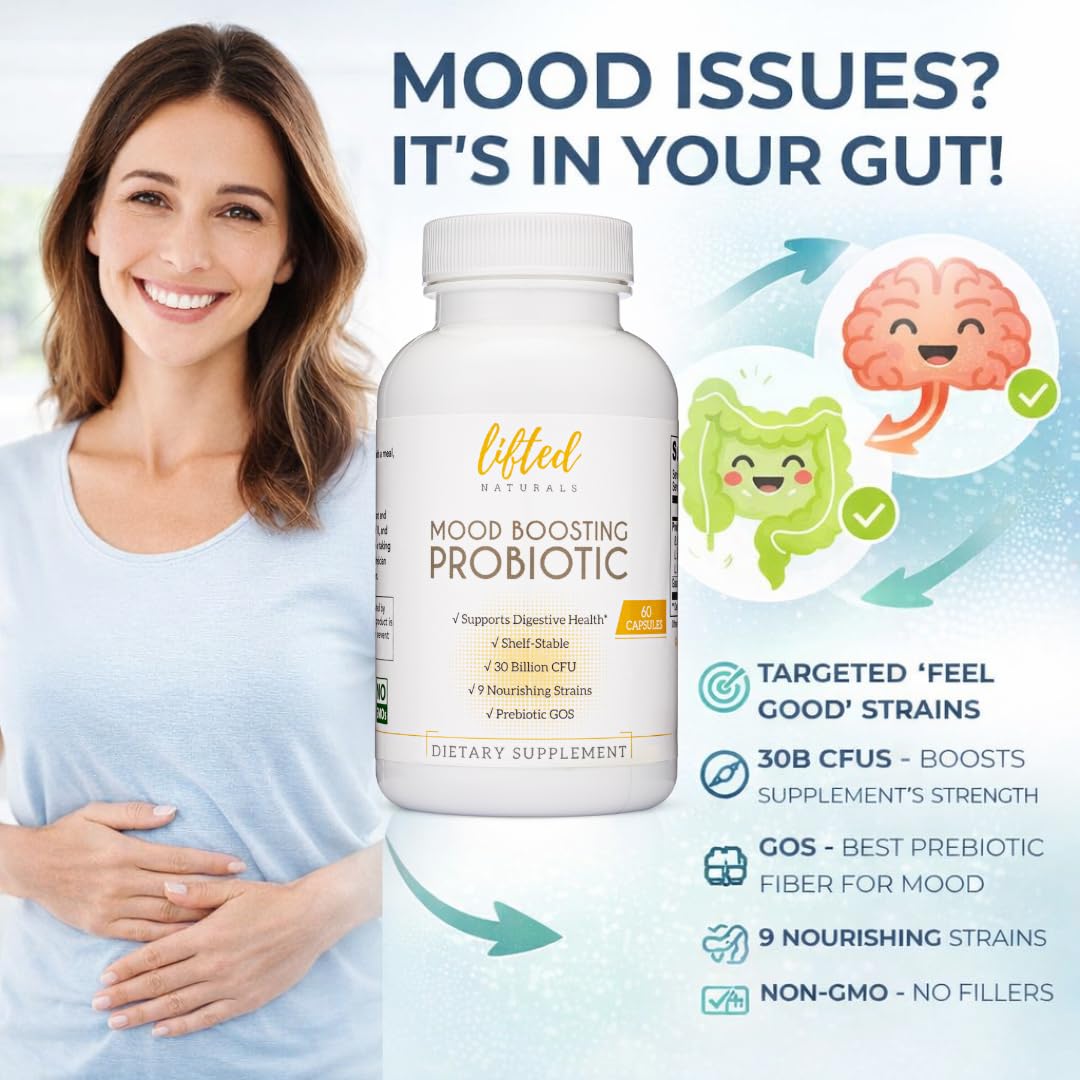 Lifted Naturals Mood support Probiotic capsule on a wooden table