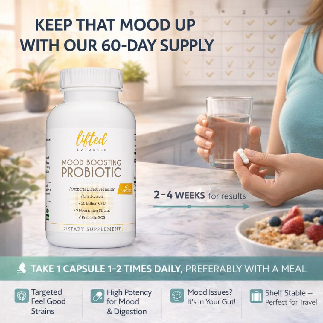 Lifted Naturals Mood support Probiotic with a measuring spoon
