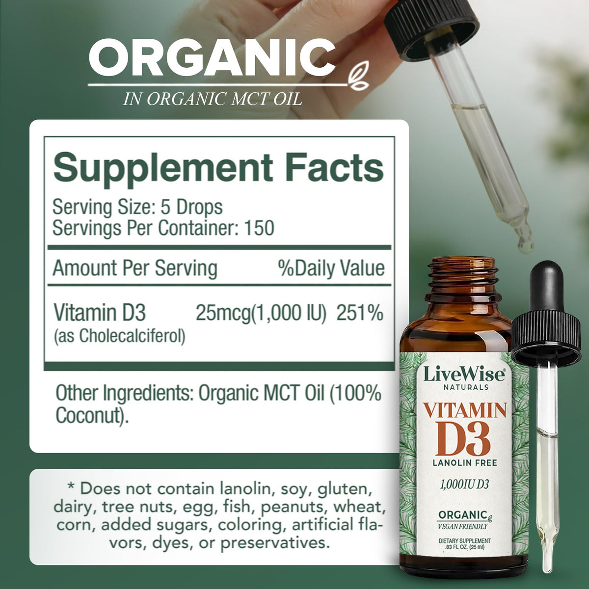 Live Wise Naturals Vitamin D3 1000 IU Drops dropper with liquid