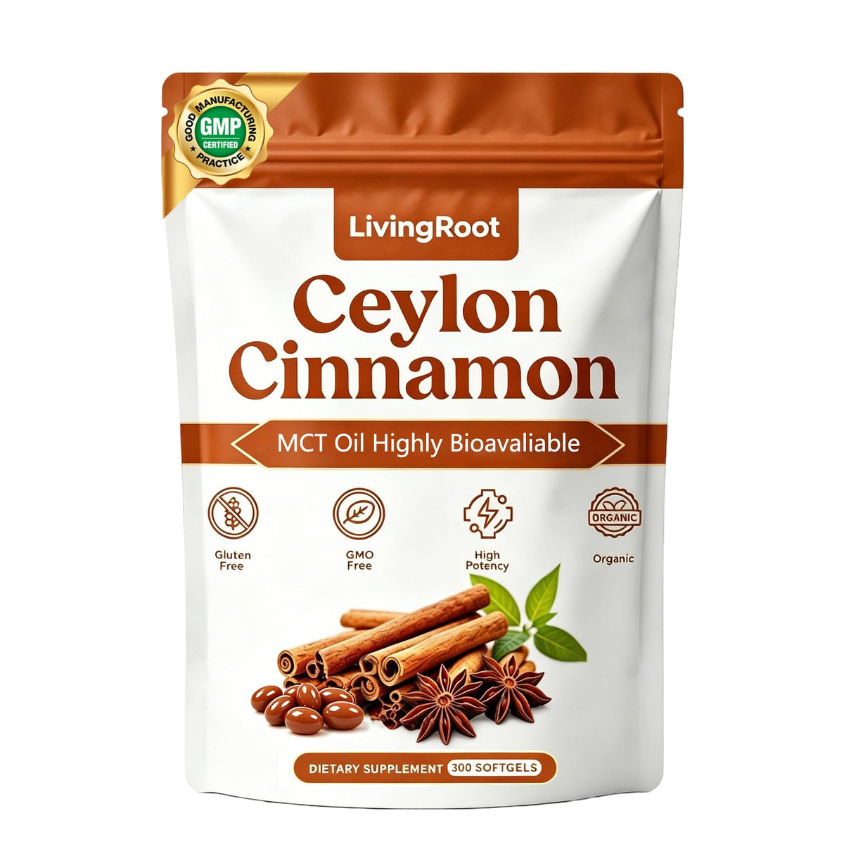 LivingRoot Ceylon Cinnamon Softgels 300 Count front view
