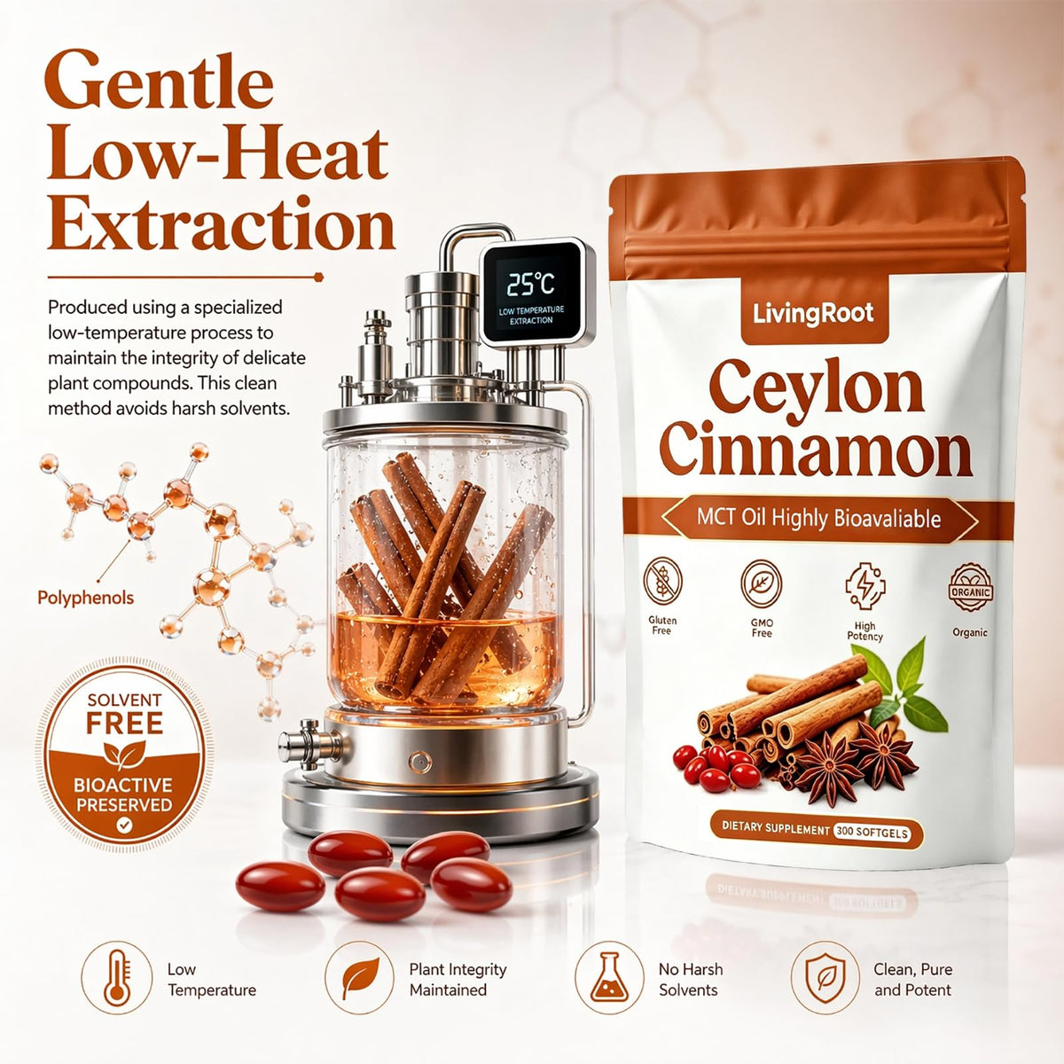 LivingRoot Ceylon Cinnamon Softgels with a measuring spoon