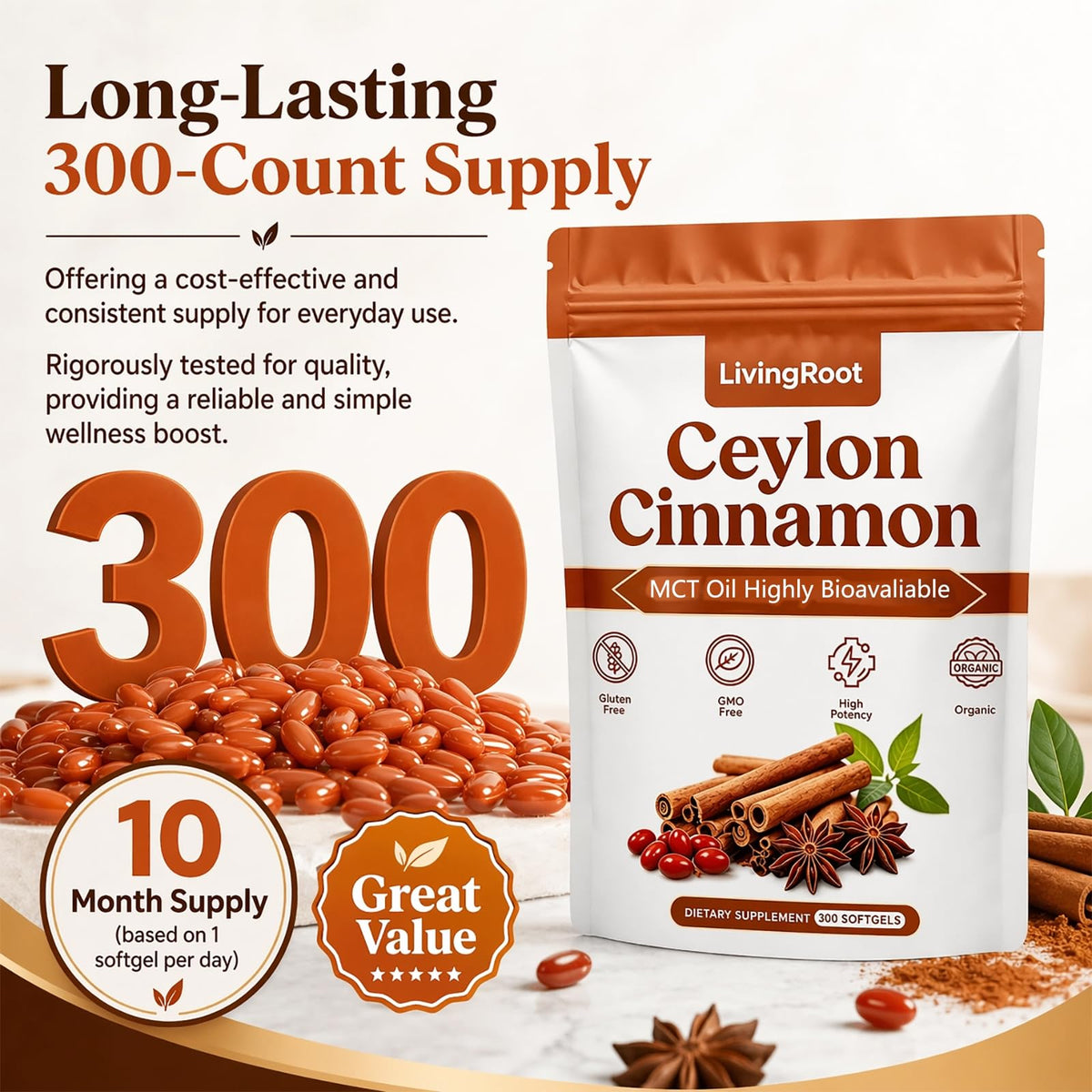 LivingRoot Ceylon Cinnamon Softgels with coconut background