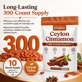 LivingRoot Ceylon Cinnamon Softgels with coconut background