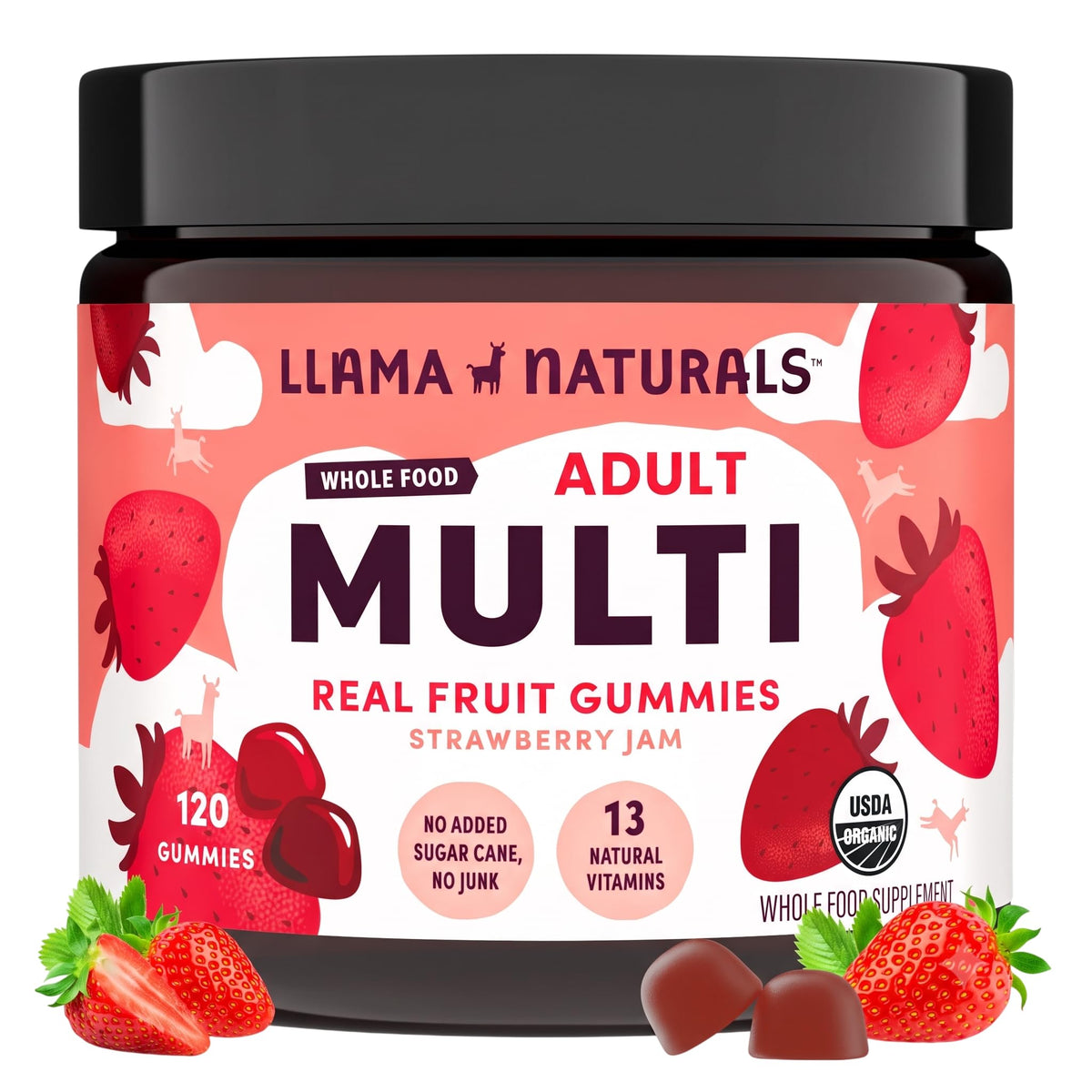 Llama Naturals Multivitamin Gummies for Adults, 120 count bottle front view
