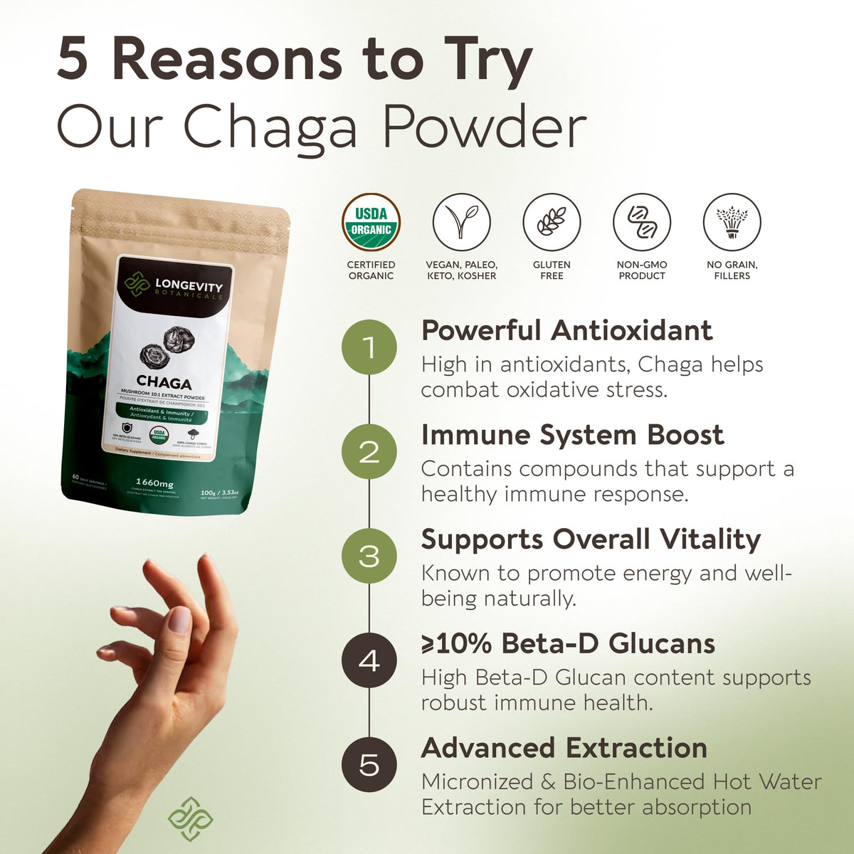 Longevity Botanicals Organic Chaga Mushroom Powder scoop included