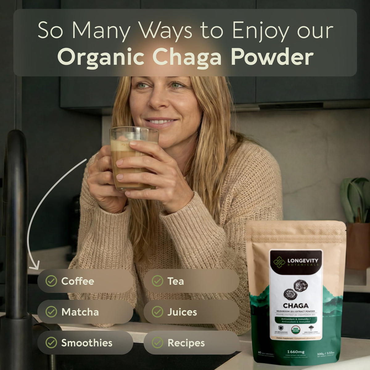 Longevity Botanicals Organic Chaga Mushroom Powder with herbal supplements